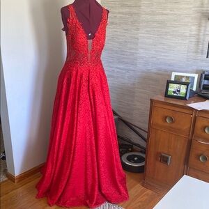 Amarra Red Lace Ballgown with Sheer Bodice with Rhinestones (Size 12)